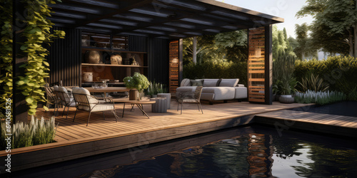 a modern patio design with a built in furniture  generative AI