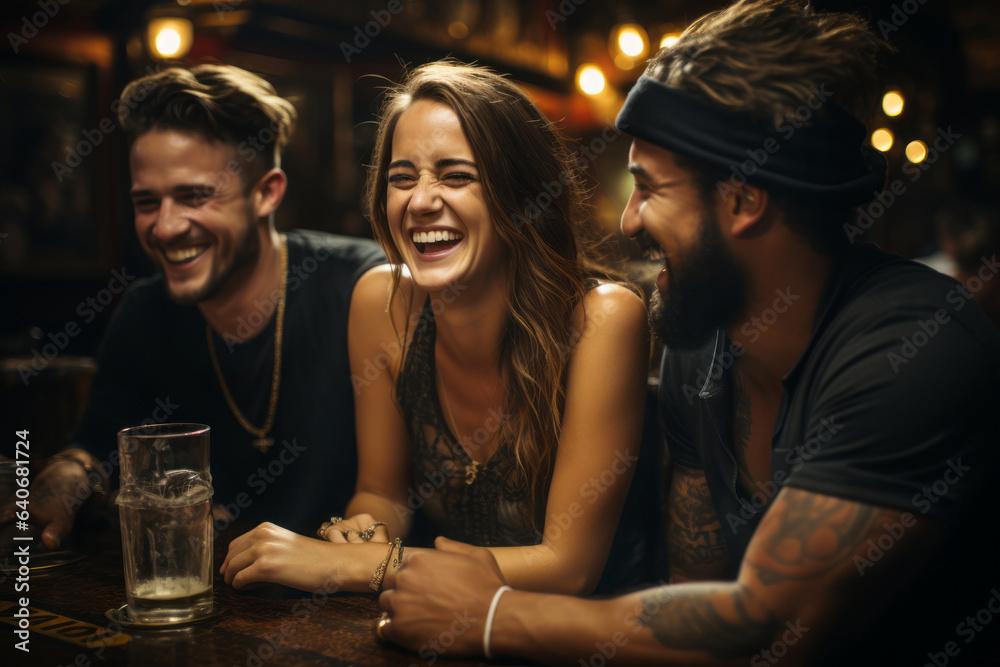 Group of cheerful friends having fun at dinner party in a pub. Young people having a get together outdoors.