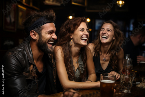 Group of cheerful friends having fun at dinner party in a pub. Young people having a get together outdoors. © MNStudio