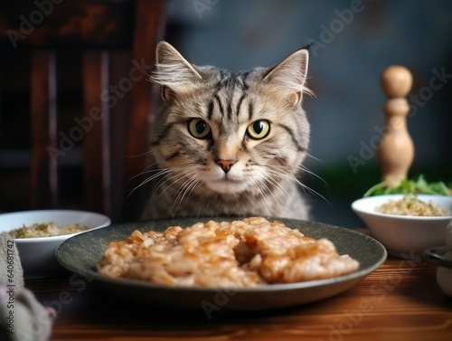 Cat stealthily climbs at the table with human food, selective focus.