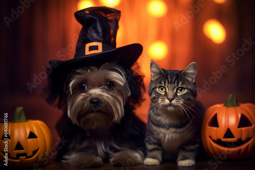 A dog and a cat in fancy costume with jack o'lantern pumpkin and Halloween decorations, adorable pet in Halloween. © Sunday Cat Studio