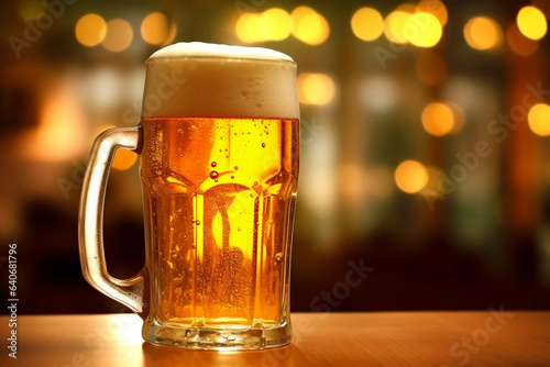 A mug of beer with foam on the table in the restaurant   beautiful bokeh on the background  close up shot  Internationnal beer day concept.