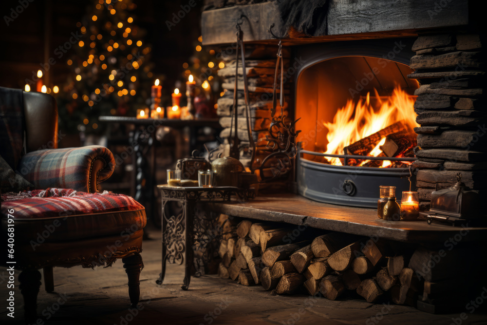 Cozy dark rustic living room with a fireplace, decorated for Christmas.