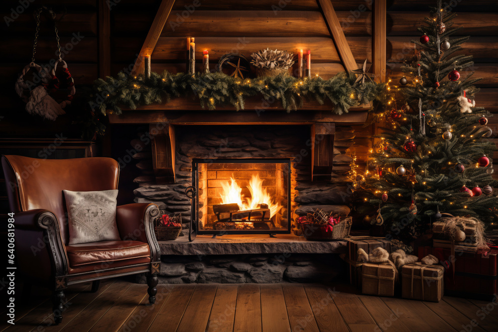 Cozy dark rustic living room with a fireplace, decorated for Christmas.