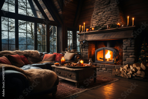 Cozy dark rustic living room with big floor to ceiling windows and a fireplace, decorated for Christmas.