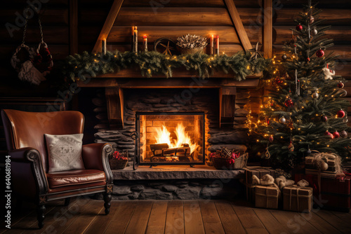 Fototapete Cozy dark rustic living room with a fireplace, decorated for Christmas