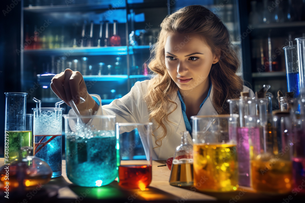 Female research scientist filling colourful test tubes in a big modern laboratory. Female research scientist filling colourful test tubes in a big modern laboratory.