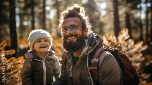 Happy family with small kids enjoying a hike in a forest on sunny autumn day. Active family leisure with children. Hiking and trekking on a nature trail.