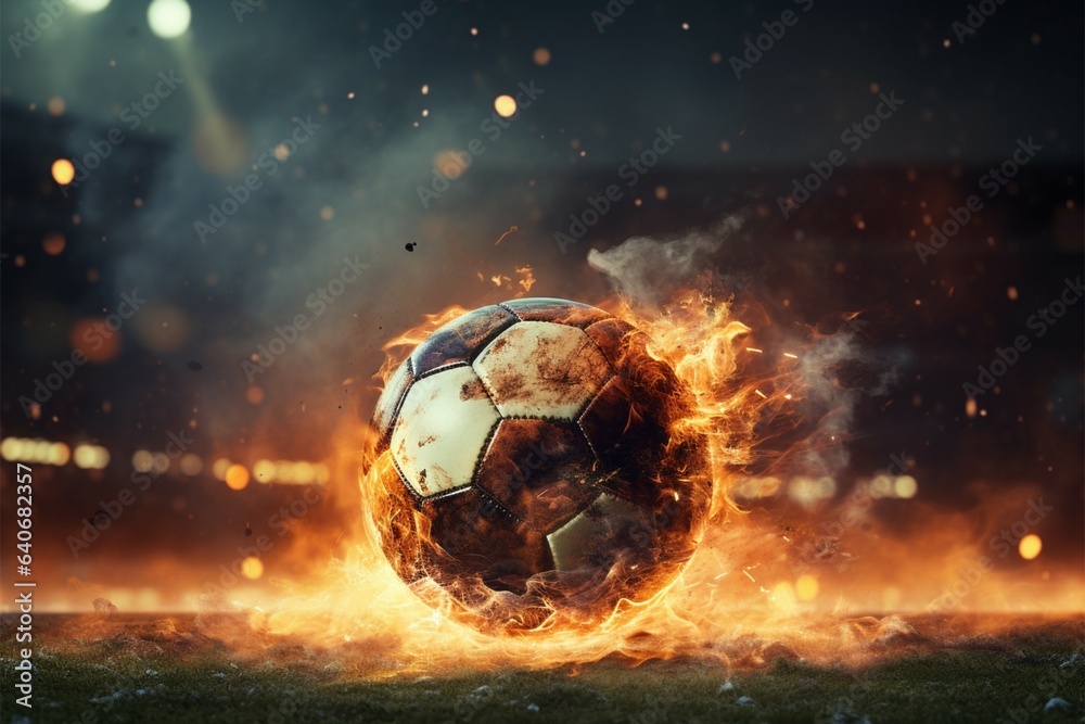 Fototapeta premium Intense close up, Soccer ball, ablaze, unleashed with power in stadium
