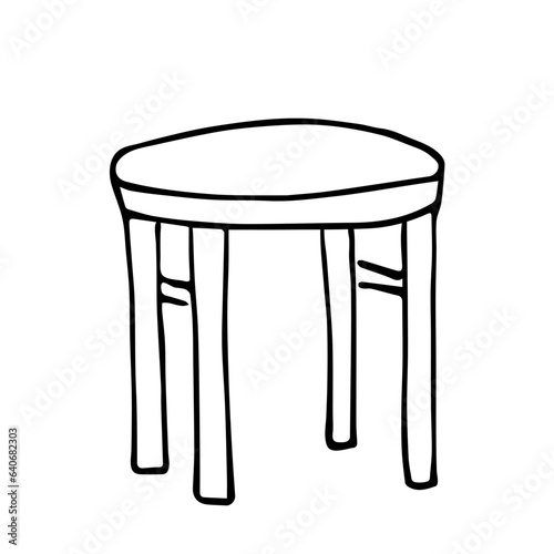 Round stool with legs. Interior item, kitchen furniture. Simple black outline vector drawing. Sketch in ink.