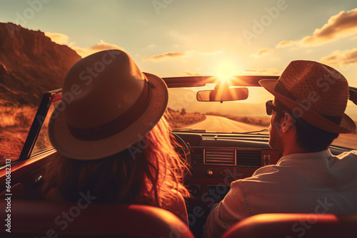 Young couple going on a road trip together. Man and woman riding in a car.