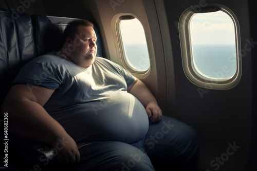 Obese person sitting by airplane window. Plus-size traveler fitting in aircraft seat. Travelling difficulties of overweight people.