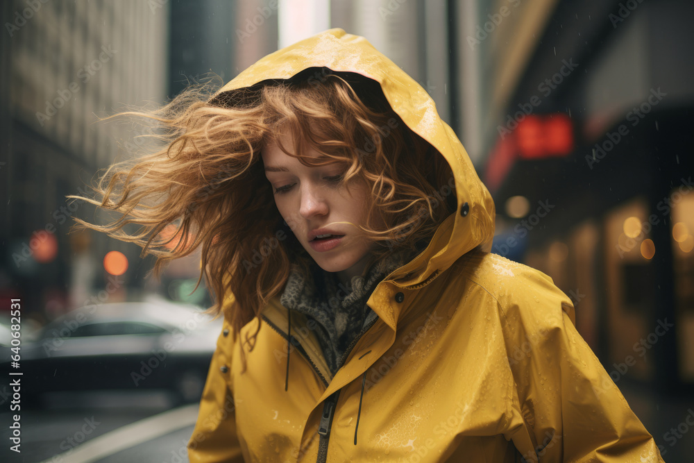 Beautiful young woman wearing yellow raincoat withstanding strong wind ...