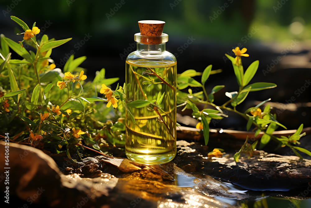 Vial with tea tree oil on a natural background Vial with tea tree oil on a natural background