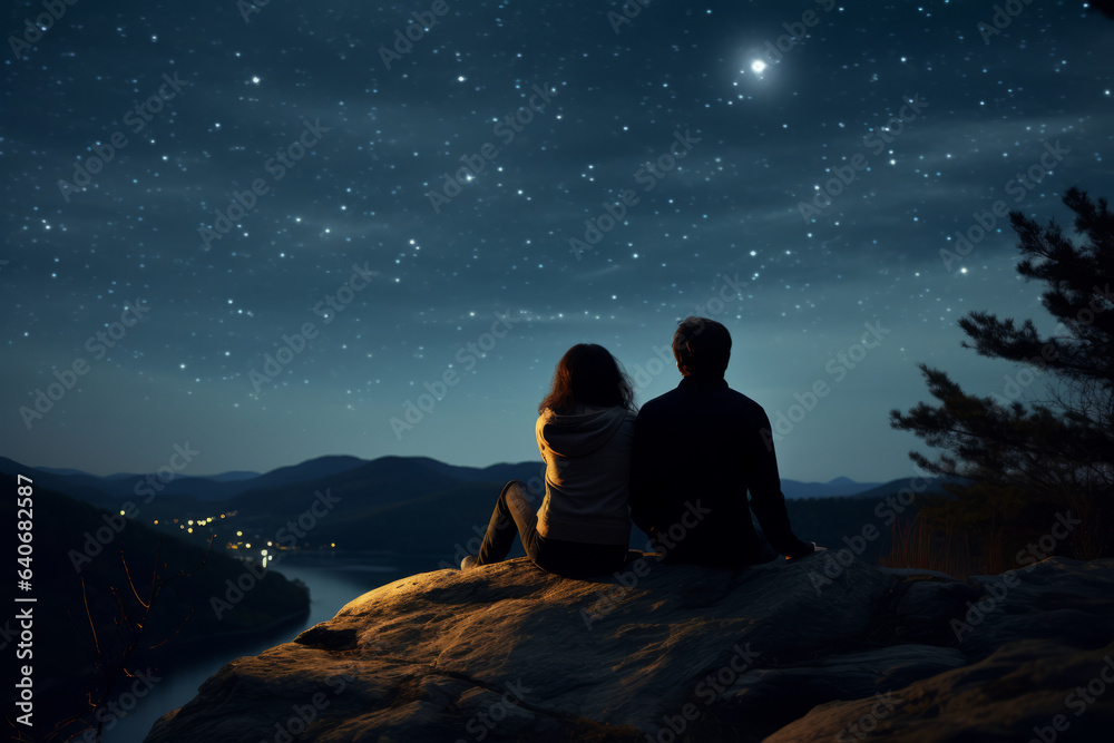 Silhouettes of a young couple admiring beautiful view on sunset. Man and woman looking at scenic night landscape.