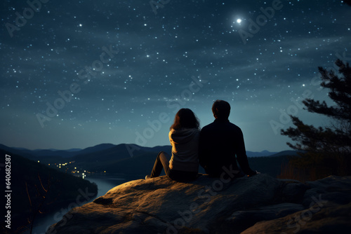 Silhouettes of a young couple admiring beautiful view on sunset. Man and woman looking at scenic night landscape.
