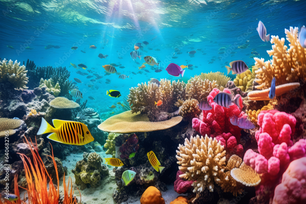 Colourful fish swimming in underwater coral reef landscape. Deep blue ocean with colorful fish and marine life.