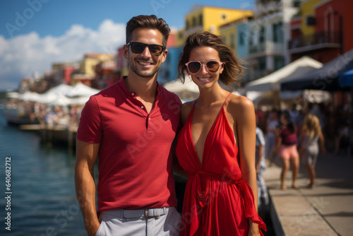 Beatiful couple having fun while visiting small Italian town on sunny summer day. Man and woman posing on city street. © MNStudio