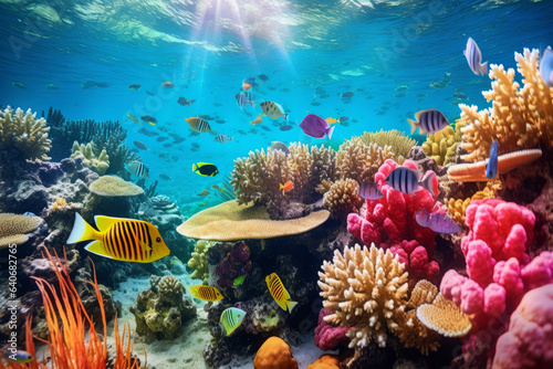 Leinwand Poster Colourful fish swimming in underwater coral reef landscape
