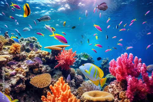 Fotografie, Tablou Colourful fish swimming in underwater coral reef landscape