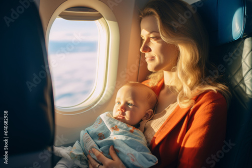 Young mother holding a baby on her lap while sitting by airplane window. Travelling with small kids. Flying with children.