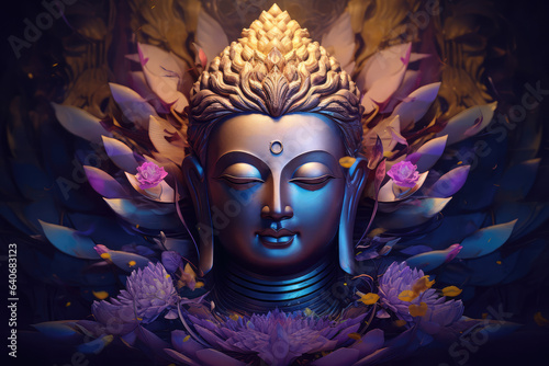 golden buddha face with flowers, generative AI
