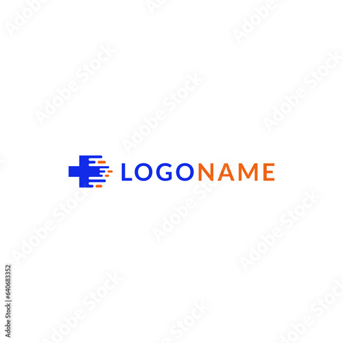 Modern medical express logo design with the concept of cross and express symbols that form an arrow.