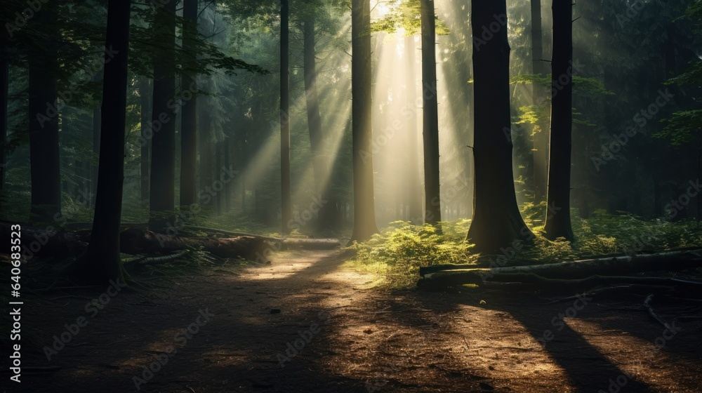 Obraz premium Mysterious Dark Forest with Sunlight Filtering Through Trees