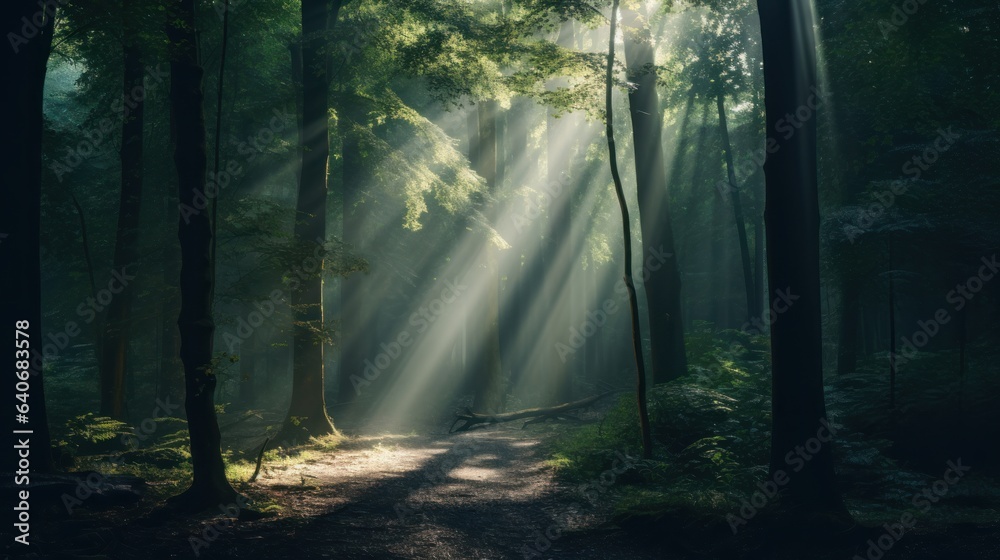 Obraz premium Mysterious Dark Forest with Sunlight Filtering Through Trees