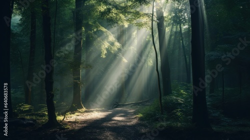 Mysterious Dark Forest with Sunlight Filtering Through Trees