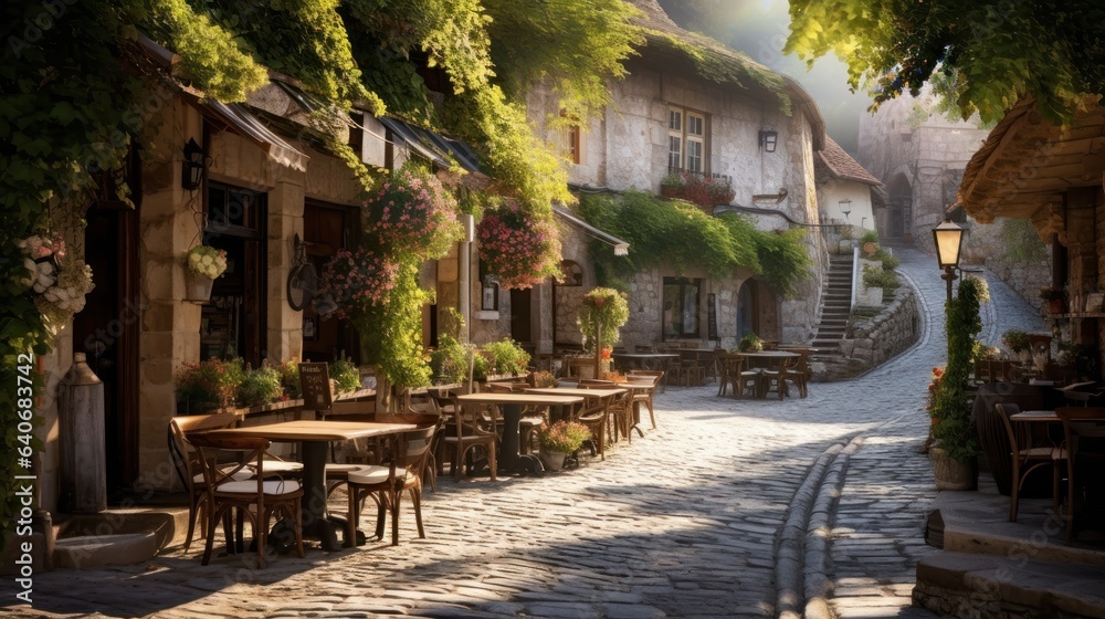 Quaint Village Square with Cobbled Streets and Cafes