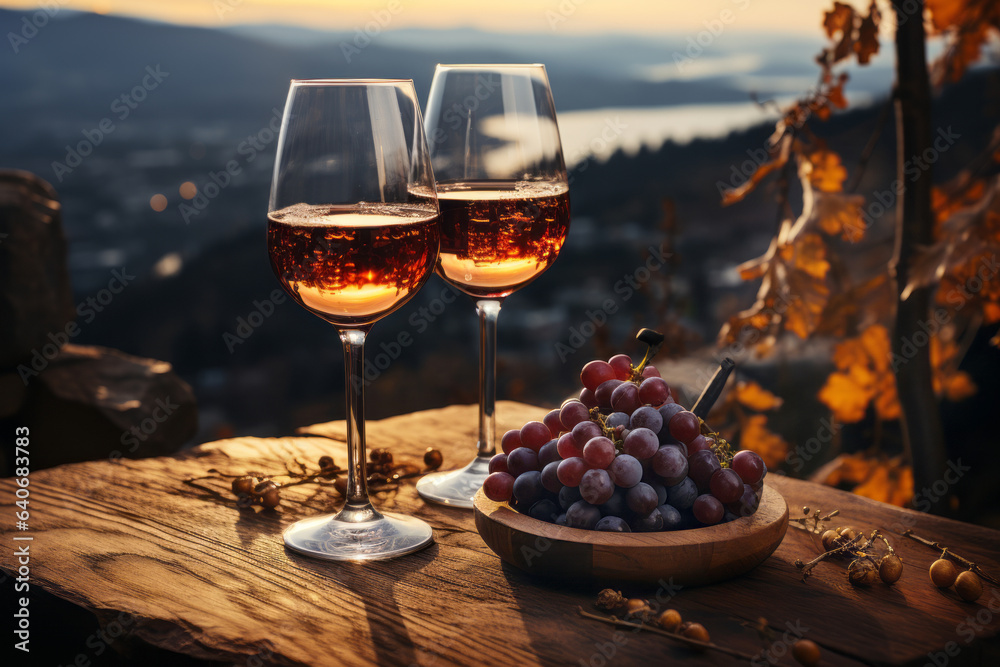 Two glasses of red wine on wooden table of outdoor restaurant on a background of scandinavian landscape. Drinking wine in outdoor cafe.
