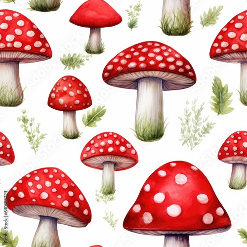 seamless pattern of watercolor red Agarics on white background