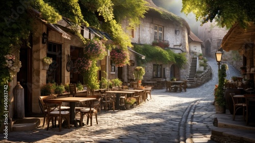 Quaint Village Square with Cobbled Streets and Cafes