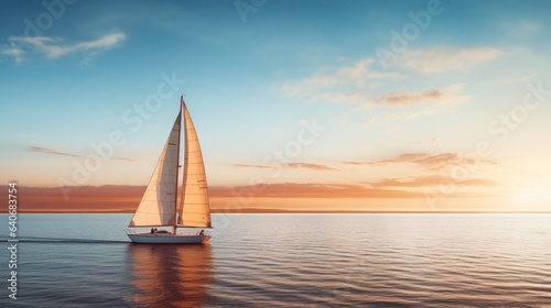 Lone Sailboat Drifting on Calm Waters at Golden Hour