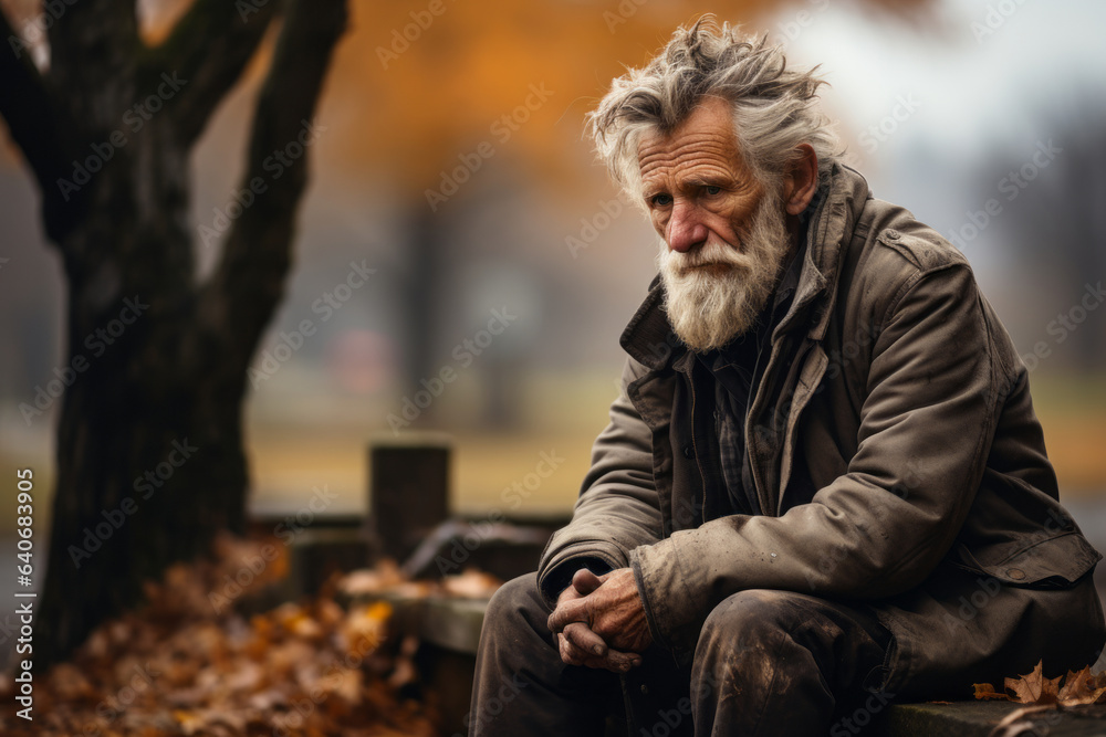 Poor tired depressed homeless man sitting on the wooden bench on the street in the city. Poor tired depressed homeless man sitting on the wooden bench on the street in the city.