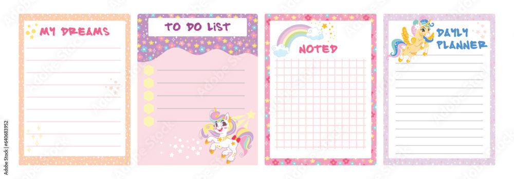Cute set of unicorn note pages vector
