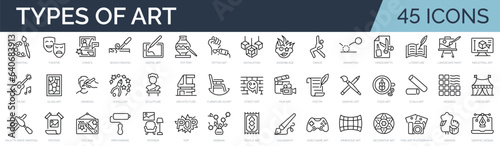 Set of 45 outline icons related to types, styles, examples, forms of art. Linear icon collection. Editable stroke. Vector illustration