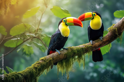 Two toucan sitting on a tree branch in natural environment, rainforest jungle