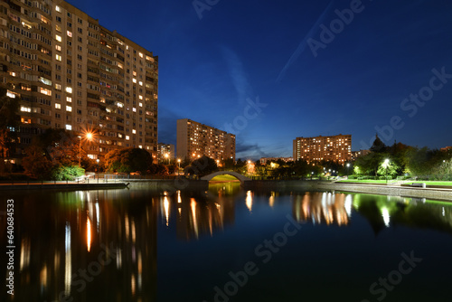 Night landscape with a pond in Zelenograd in Moscow. Russia © olgavolodina