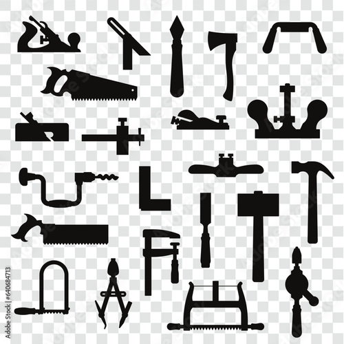 Black Silhouette of carpenter builders tools isolated on transparent grid 