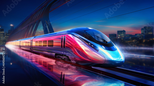 Futuristic train in neon colors on the background of the city