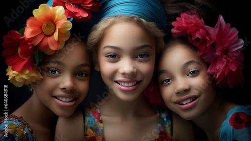 Young girls of different nationalities in brightly colored wreaths of flowers and ethnic clothing