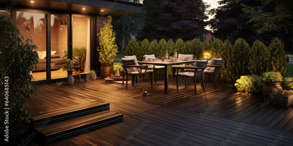 wooden deck with an attractive garden design, generative AI