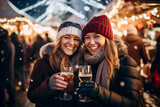 Two female friends having wonderful time on traditional Christmas market on winter evening. Beautiful girls drinking hot beverages in Christmas town decorated with lights.