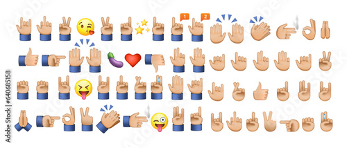 All hand emojis, stickers in all skin colors. Hand emoticons symbols set, collection. Hands, handshakes, muscle, finger, fist, direction, like, unlike, fingers