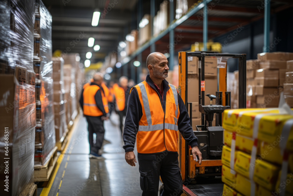 Logistics workers wearing orange uniform working in warehouse.