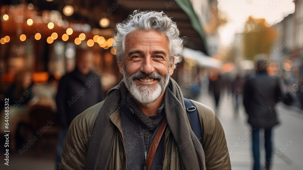 A portrait of a middle-aged grey haired man standing on a street A portrait of a middle-aged grey haired man standing on a street