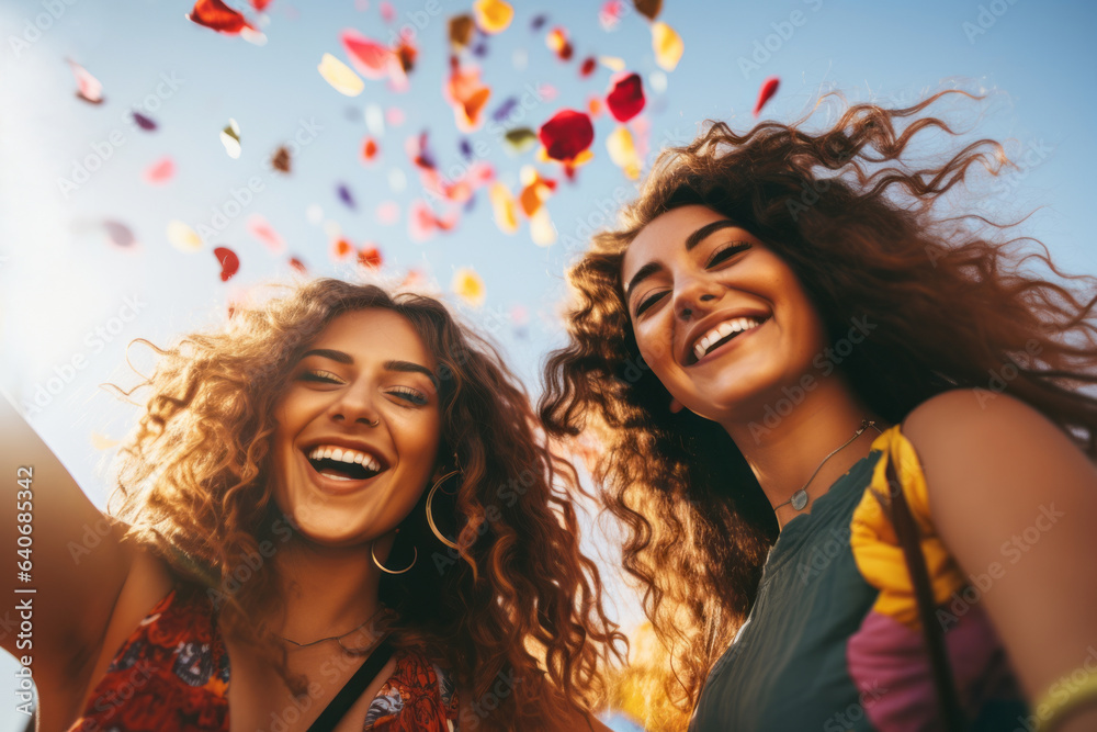 Obraz premium Beautiful young women having fun at colourful music festival. Happy girls enjoying themselves and dancing. Summer holiday, vacation concept.