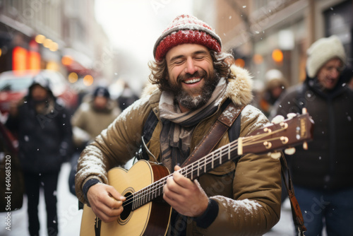 Cheerful street musicians performing in city park on snowy winter day. Performer playing a guitar. People gathering in the background.